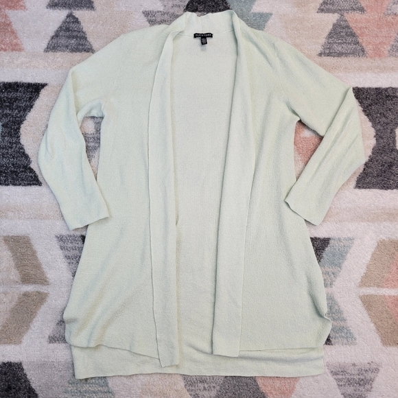 Eileen Fisher Mist Lt Green Linen Crepe Stretch Long Cardigan - Picture 2 of 8